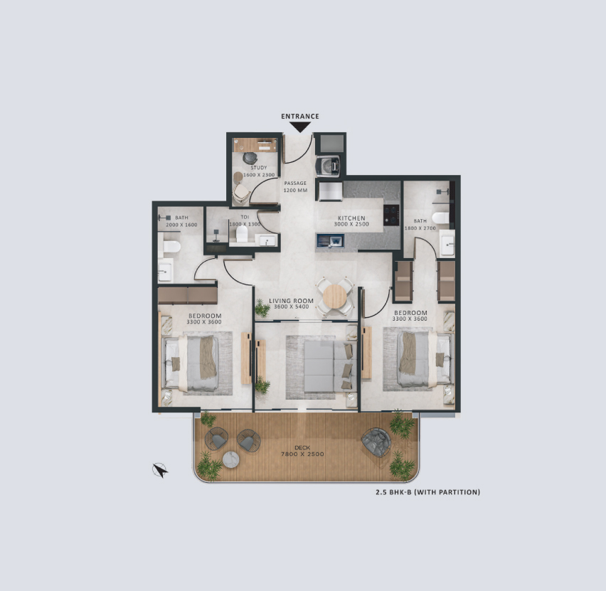 2 Bedroom + Study	
